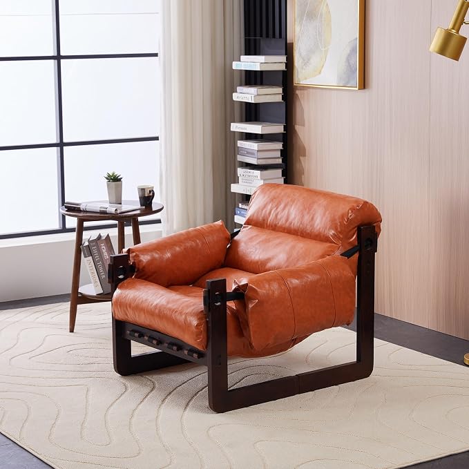 Leather Accent Chair, Mid Century Modern Lounge Chair with Removable Armrests Oil Wax Faux Leather Armchair for Living Room Bedroom Office (Retro Orange)