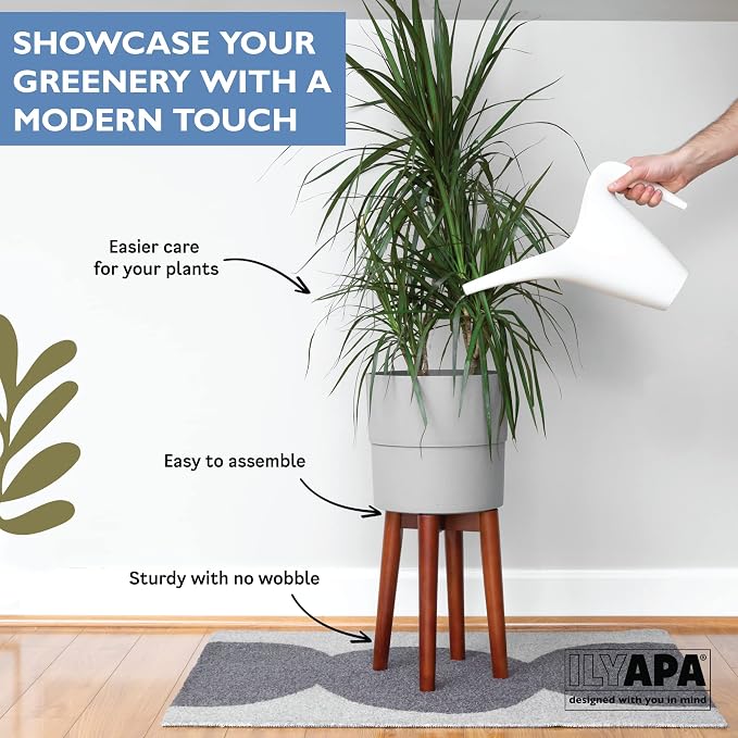 Ilyapa Indoor Plant Stand - Mid Century Modern Floor Planter Stand, 12 Inch Tall, 9.5 Inch Wide Walnut Stain Pot Riser - Plants Display Rack