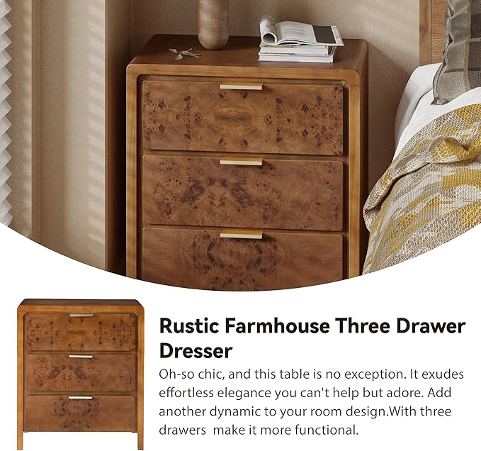 COZAYH Farmhouse Nightstand with 3 Drawer, Distressed Wood Rustic Accent Dresser, Burl Finish Bedside Table for Bedroom, Entryway, Fully Assembled, Brown