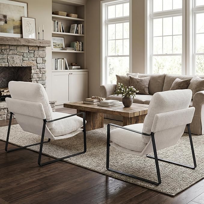 LukeAlon Modern Sherpa Accent Armchair, Upholstered Living Room Chair with Metal Base Thickened Cushion Single Sofa Chair Comfy Lounge Chair for Bedroom Living Room, White