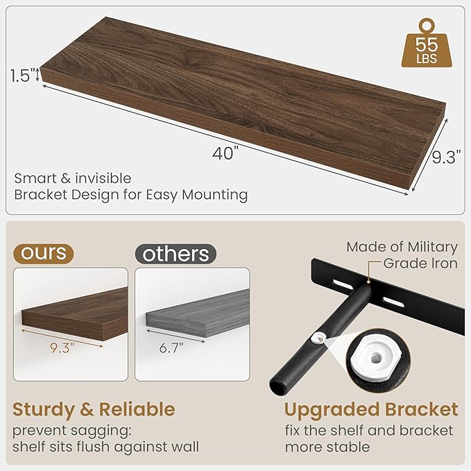 40"W x 9.3"D Floating Shelves for Wall, Wall Mounted Bathroom Shelves 2 Pack Deep Floating Shelf for Bedroom Kitchen Living Room, Rustic Wooden Wall Shelf with Invisible Bracket for Books Decor