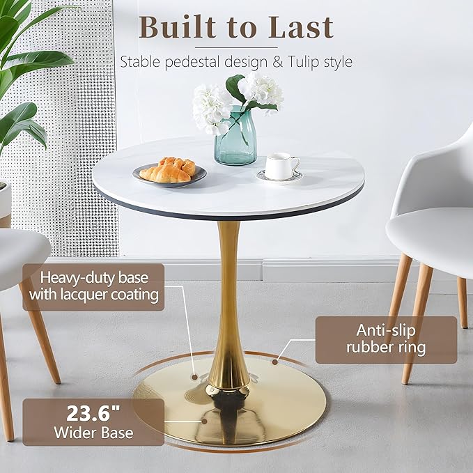 31.5 Inch Round Dining Table,Mid-Century Tulip Table with Metal Pedestal Base,Modern Leisure Table for Small Space Kitchen Dining Room,Easy Assembly,Gold and White