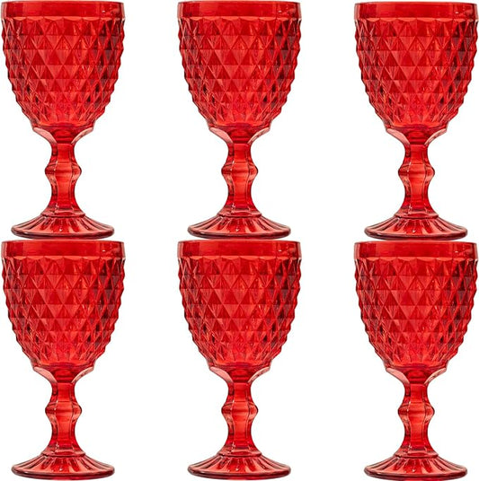 Vintage Wine Glasses Set of 6, 10 Ounce Colored Glass Water Goblets, Unique Embossed Pattern High Clear Stemmed Glassware Wedding Party Bar Glass Drinking Cups Diamond Red
