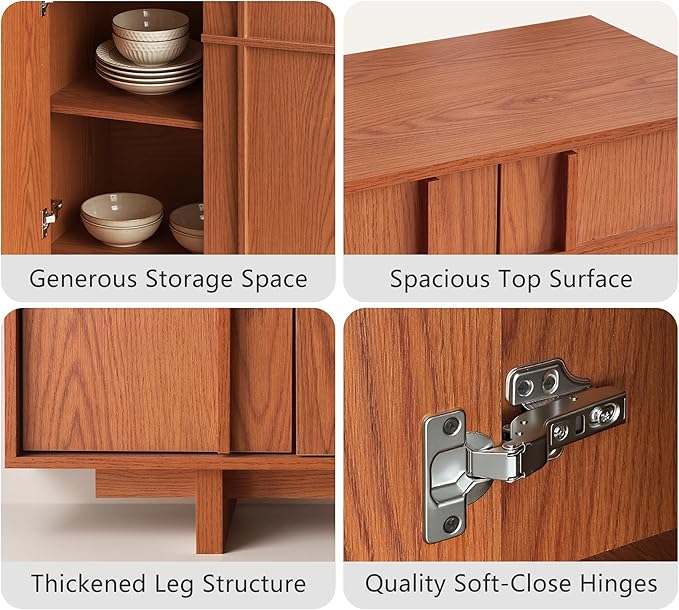 Sideboard Buffet Cabinet with Storage, Mid Century Modern Accent Cabinet with Skeleton Line & Wood Grain Texture, 63" Minimalist Credenza for Living Room Kitchen Dining Room Entryway, Cherry