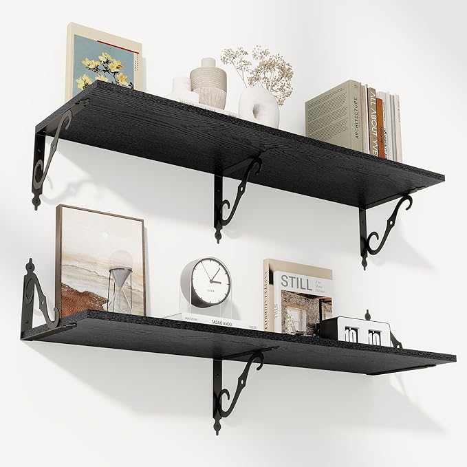 RICHFOCUS 12 Inch Deep Floating Shelves for Wall, 39" W x 12" D Black Wood Wall Shelves Set of 2, Wide Floating Shelves for Living Room, Bedroom, Kitchen, Bathroom and Decor Storage, Black