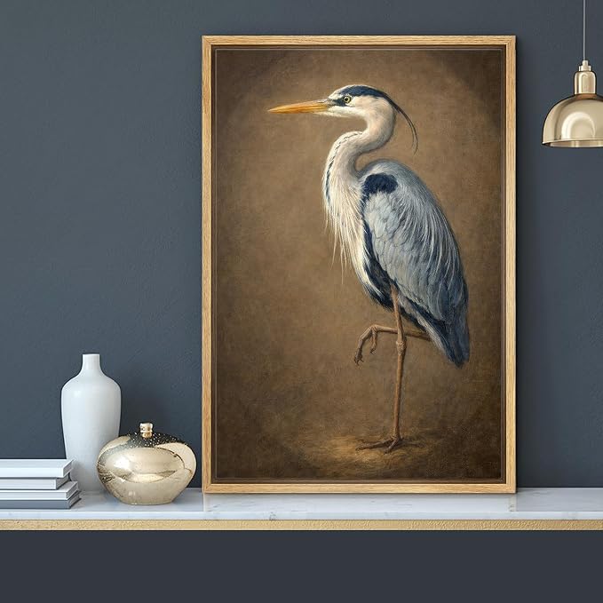 MUDECOR Framed Canvas Print Wall Art Classic Heron Portrait in Vintage Natural Style Illustrations Minimalism Decorative Bohemian Zen for Living Room, Bedroom, Office - 16"x24" NATURAL