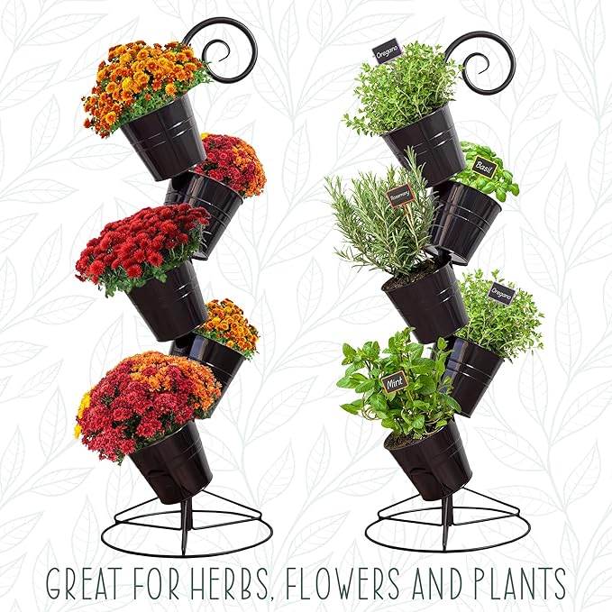 Hanging Flower Pot Tiered Stand (Black), Metal Outdoor Stacking Planter