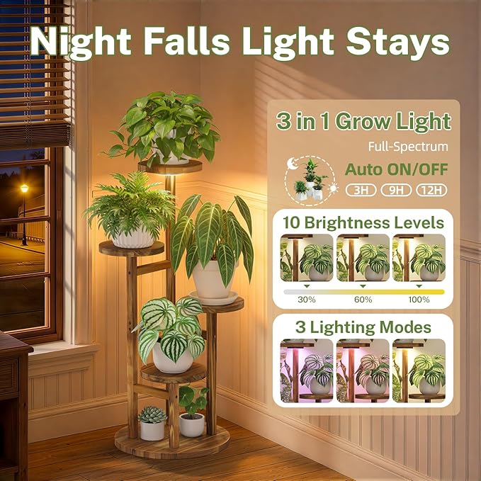 iDavosic.ly 4 Tier Plant Stand Indoor with Grow Light, Tiered Corner Wood Multiple Flower Holder Shelf, Tall Orchid Display Rack for Living Room Bedroom, Brown