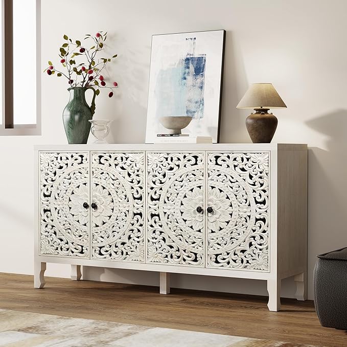 Buffet Cabinet with Storage, Accent Cabinet with 4 Carved Doors, Solid Wood Sideboard with Adjustable Shelf, White Vintage Cabinets for Kitchen, Living Room, Entryway