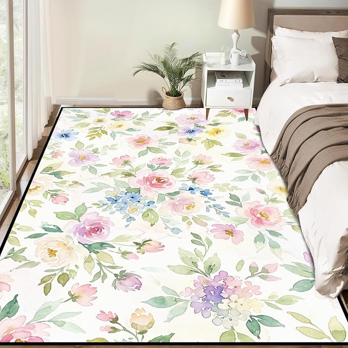 Watercolor Floral Rug 2'x3' Soft Pastel Botanical Area Rug for Entryway Bedroom Living Room Nursery Kitchen Playroom Home Decor Low Pile Non-Slip Washable Carpet