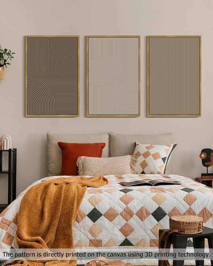 PHOPAGO 24x36in Large Minimalist Abstract Framed Wall Art Modern Boho Neutral Line Wall Decor Geometric Artwork Bedroom Living Room Natural Framed
