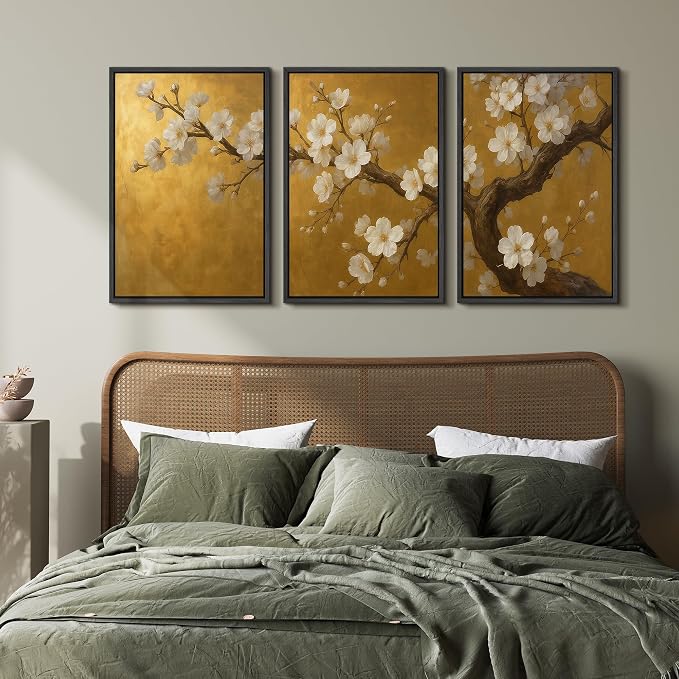 wall26 Framed Canvas Print Wall Art Set Golden Cherry Blossom Tree Elegant Floral Illustrations Fine Art Decorative Rustic for Living Room, Bedroom, Office - 16"x24"x3 Black