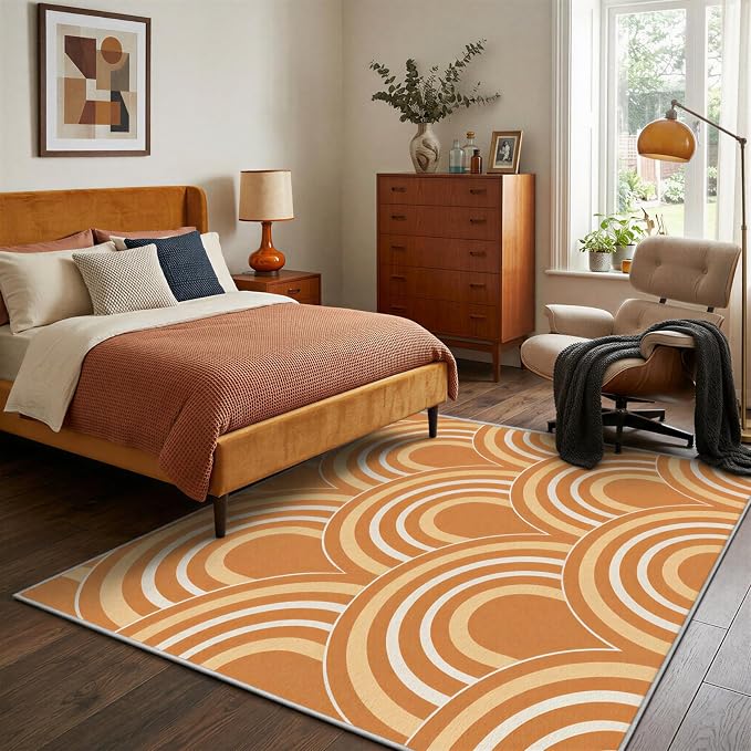 Terracotta Arch Area Rug 5 x 8 ft, Mid-Century Modern Geometric Rug, Burnt Orange Cream Abstract Washable Rug, Soft Low Pile Non-Slip Carpet for Living Room Bedroom