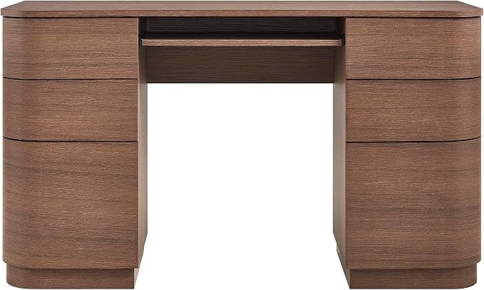 Modway Mirae 55 Inch Computer Desk with Drawers in Brushed Brown Oak – Modern Compact Office Desk with Keyboard Tray, Curved Edges, and 6 Storage Drawers for Bedroom, Dorm Room, or Vanity Setup