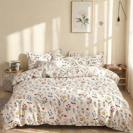 Duvet Cover King Size - 100% Cotton Red and Yellow Floral Duvet Cover Set with Zipper Closure, 3 Pieces Soft & Breathable Botanical Bedding Set for All Seasons