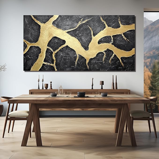 DNIEOTU Hand Painted Abstract Wall Art for Living Room, Black and Gold Canvas Wall-Decor for Bedroom, 3D Textured Paintings for Hallway Office, Large Size 80 x 40 Inches