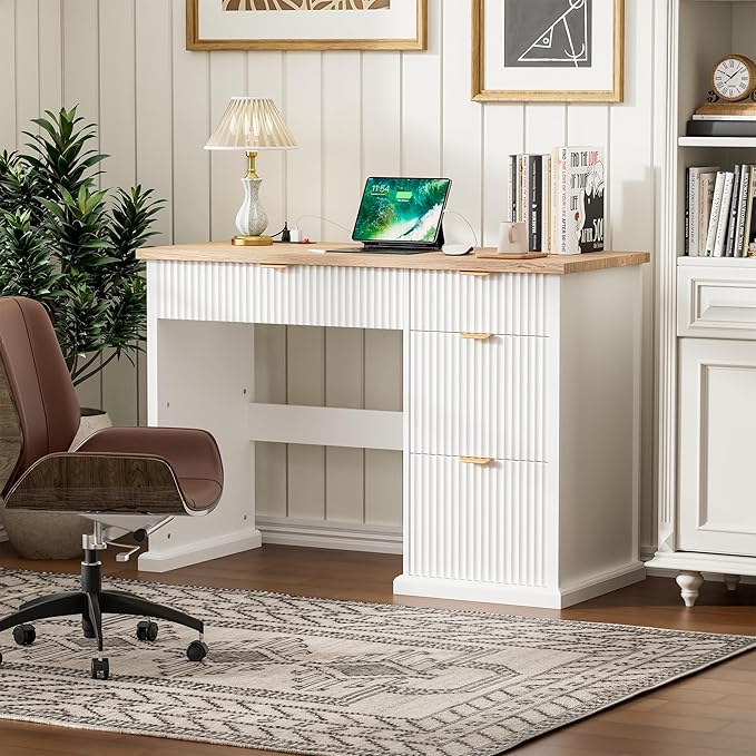 47" Farmhouse Executive Desk, Home Office Desk with Drawers and Charging Station, Wood Home Office Desk, Fluted Computer Writing Desk for Study, Living Room, Bedroom