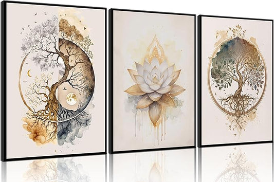3 Pcs Tree of Life Wall Art Modern Gold Lotus Zen Canvas Wall Decor Abstract Yin Yang Posters Pictures Yoga Meditation Studio Painting Prints For Living Room Hotel Bedroom Home Decoration Unframed