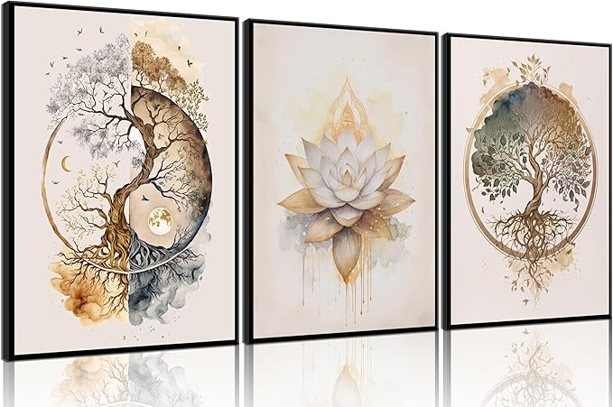 3 Pcs Tree of Life Wall Art Modern Gold Lotus Zen Canvas Wall Decor Abstract Yin Yang Posters Pictures Yoga Meditation Studio Painting Prints For Living Room Hotel Bedroom Home Decoration Unframed