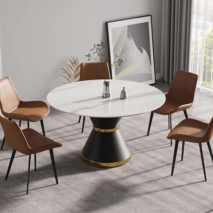 53.15" Round Dining Table, Mid Century Modern Dining Table with PU Base for 6-8 Person, Dining Room Table for Dining Room Kitchen,Living Room, Restaurant, White