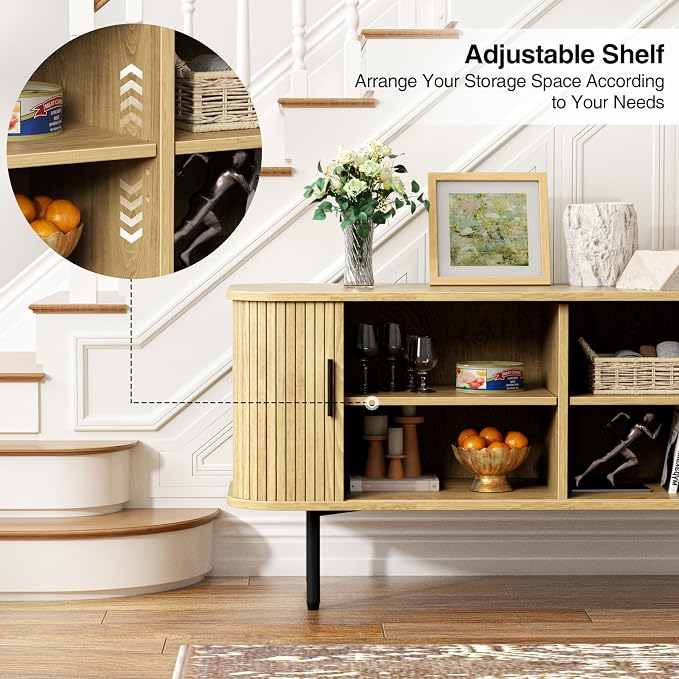 55''W Storage Cabinet, Fluted Sideboard Buffet Cabinet with Storage, Console Table Credenza with Tambour Slatted Sliding Doors and Shelves, Modern TV Stand for Living Room, Kitchen, Entryway, Natural