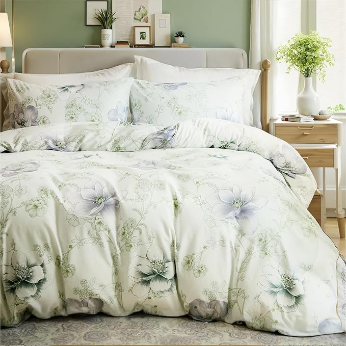 Floral Duvet Cover King Size 100% Cotton Reversible Green Floral Duvet Cover Set with Zipper Closure 3 Pcs Green Leaf Soft & Breathable Bedding Comforter Cover