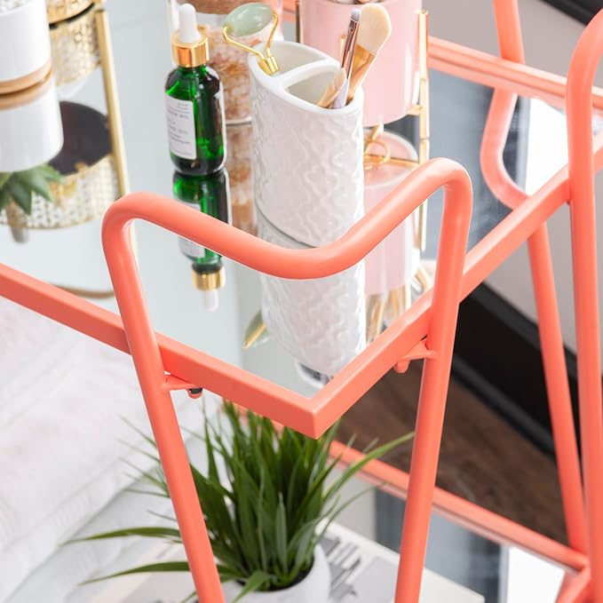 Gina Coral Mid-Century Bar Cart with Mirrored Shelves and Locking Wheels by Linon