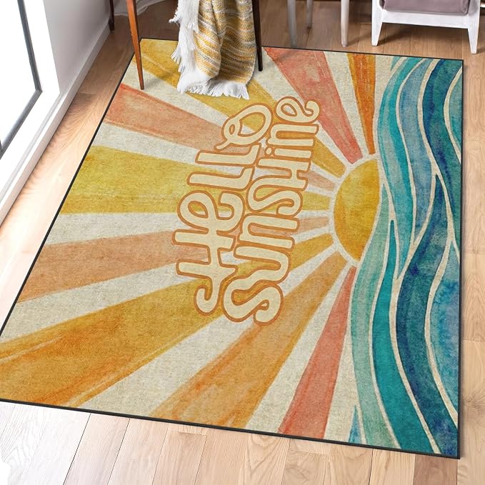 Area Rugs 2'x3' Washable Rug, Retro Sunshine Boho Stain Resistant Non Slip Backing Groovy Summer Carpet for Living Room Bedroom Dining Room