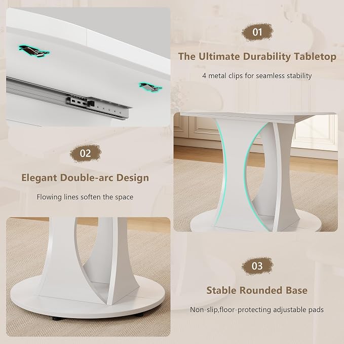 Einhomn 59" Extendable Round Dining Table for 6-8, Kitchen Table with Sturdy Double Arc Base & Backboard Clasp Desktop, Mid-Century Modern Dinner Table, Kitchen Dining Room, Space Saving, White