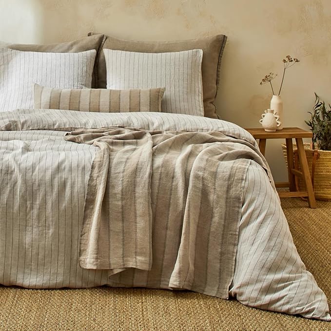 mixinni 3 Piece Striped Duvet Cover Set, Neutral Washed Cotton Linen Blend Bedding, Vintage Stripe Comforter Cover with 2 Pillowcases, Soft Breathable Farmhouse Bed Set for All Season-King Size