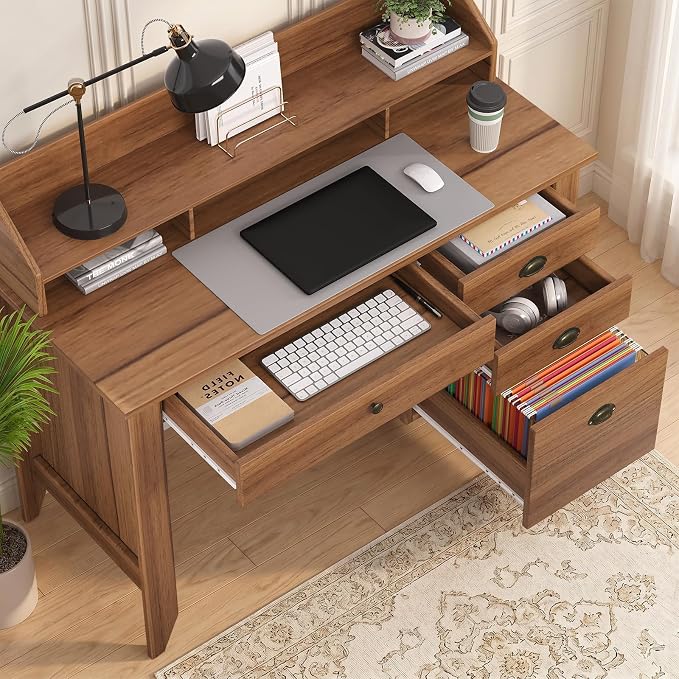 4 EVER WINNER Desk with Drawers, 47'' Small Desk with Monitor Stand and File Drawer, Computer Desk with Storage for Bedroom, Living Room, Small Spaces, Walnut