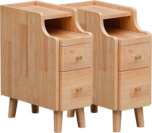 Narrow Nightstand Set of 2, 19.7" H Pre-Assembled Solid Wood Small Skinny Night Stand with Drawers, Open Sliding Shelf, Mid Century Modern Slim Bedside Table for Bedroom, End Side Table, Natural Oak