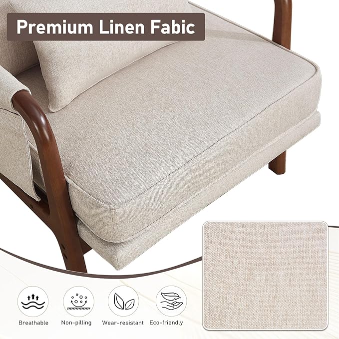 ANJ Mid Century Modern Accent Chair, Lounge Reading Armchair with Extra Side Pocket & Detachable Cushion, Comfy Fabric Accent Chairs for Living Room, Bedroom,Beige