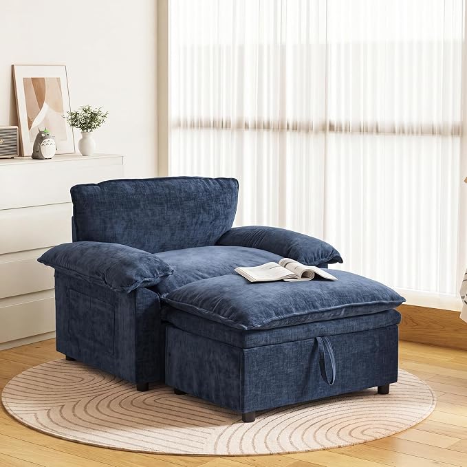 Furnimart Oversized Accent Chair with Storage Ottoman, Super Plush Cloud Chair with Chunky Cushion, Comfy Chenille Chaise Lounge, Dark Blue Lounge Chair for Living Room Bedroom Reading Nook