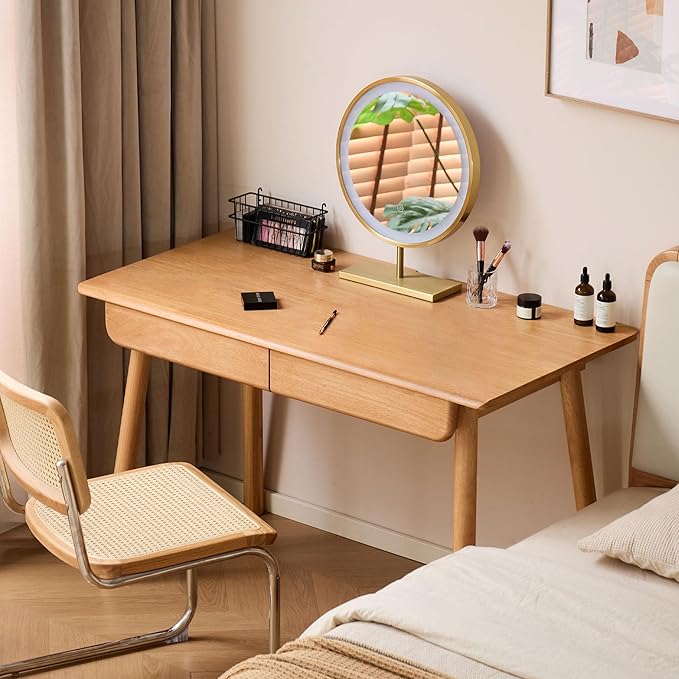 Solid Wood Desk, Mid Century Modern Home Office Desk, Computer Desk with Drawer for Writing Study Vanity 31.49" W