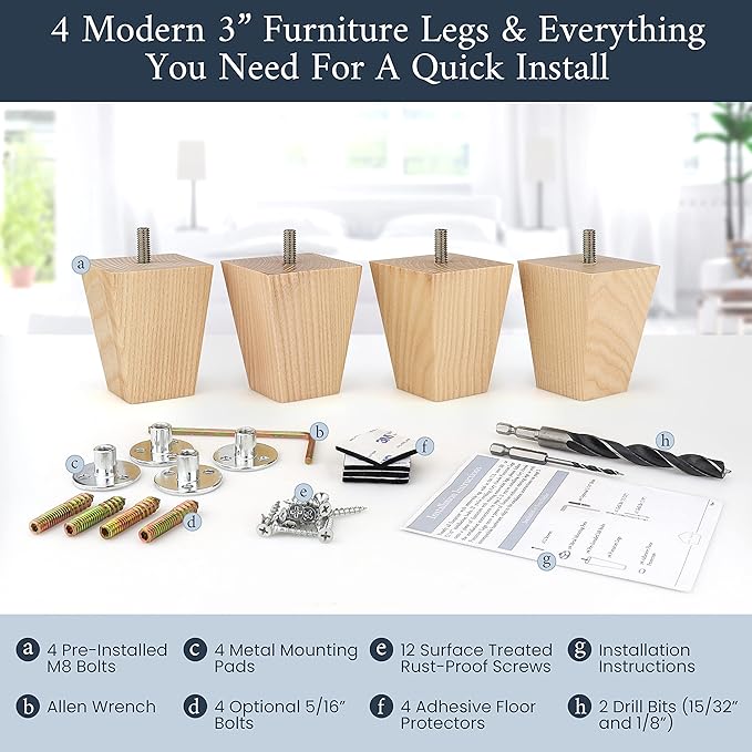 Airy Abode Premium Ash Wood Square Furniture Legs (Full Install Kit) - Pick Your Size and Color
