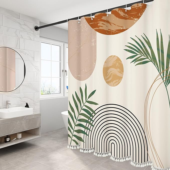 Boho Mid Century Leaf Shower Curtain Set,Arch Sun Design,Minimalistic Leaves Pattern,Waterproof and Luxurious Fabric-12 Hooks(Beige-72" x 84")