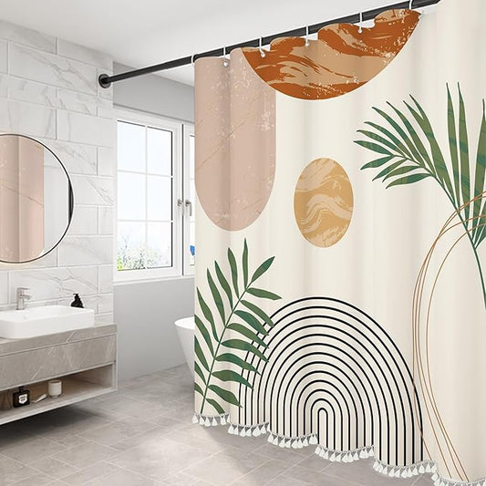 Boho Mid Century Leaf Shower Curtain Set,Arch Sun Design,Minimalistic Leaves Pattern,Waterproof and Luxurious Fabric-12 Hooks(Beige-72" x 84")