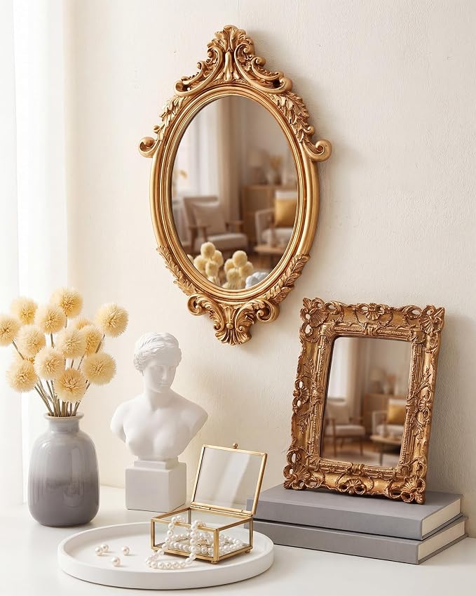 Wonderjune 3 Pcs Vintage Gold Mirror Set Wall Decorative, 8-15in Vintage Wall Mirror Hanging Antique Hanging with Stand for Living Room Home Wedding Decor(Court Baroque Style, 15in/11in/10in)