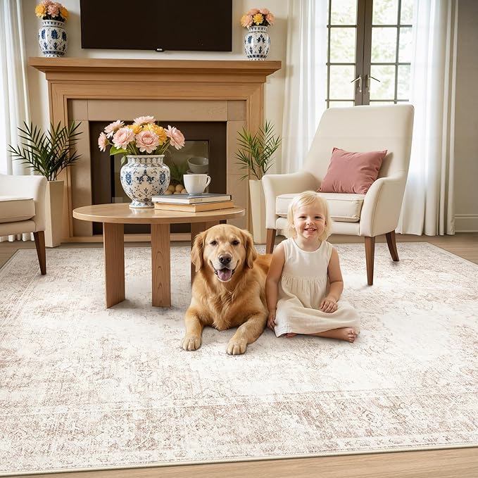 Area Rug 4x6 Vintage Rug: Washable Indoor Medallion Rugs Low Pile Distressed Floor Carpet Retro Accent Rug for Living Room Bedroom Kitchen Dining Table Home Office(Retro Beige, 4'x6')