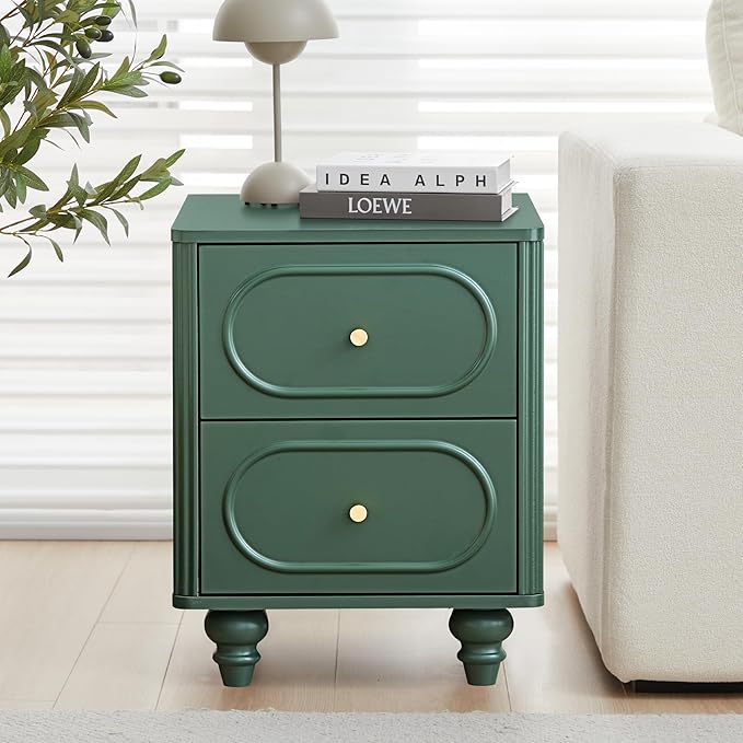 ORRD 2 Drawer Fluted Mini Small Dresser for Bedroom Set of 2, Mid Century Modern Nightstand Bedside End Table, Wood Storage Dresser Organizer for Bedroom, Green