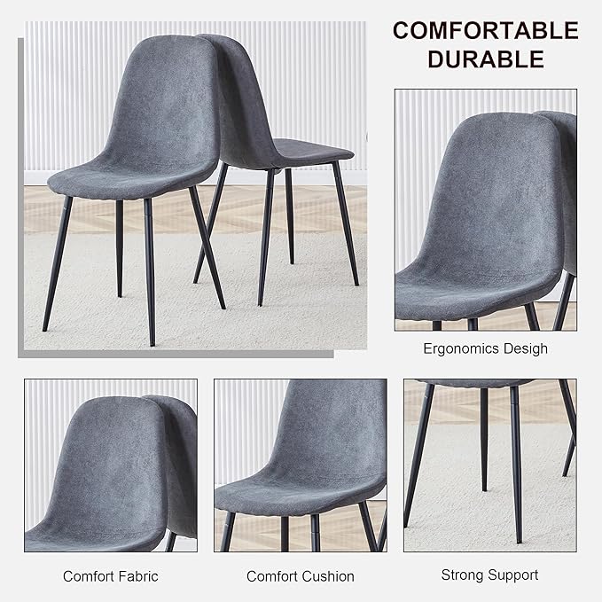 Round Dining Table Set for 4, 43-59" Extendable Dining Room Table Set, Walnut Wood Grain Table and 4 Dark Gray Linen Upholstered Chairs Set, Mid Century Modern Kitchen Table Set with Cross Legs