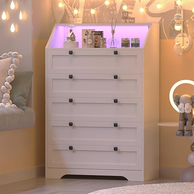 White Dresser Tall 5 Drawer Dresser for Bedroom, Wood Chest of Drawers with LED Lights, Charging Station, Metal Handles, Modern Storage Cabinet and Organizer Drawers for Living Room, Hallway