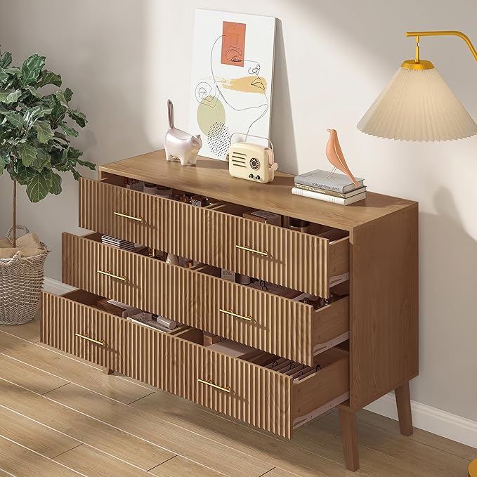 Accent 6 Drawer Dresser, Modern Closet Dressers Chest of Drawers with Fluted Panel, Living Room Bedroom Nursery Entryway and Hallway (Walnut)