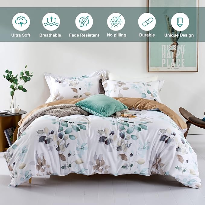 MILDLY 100% Long-Staple Cotton Duvet Cover Set Teal Blue Green Leaf Pattern Printed Comforter Cover 2pcs, Ultra Soft & Breathable Bedding Set