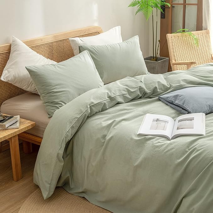 BESTOUCH Duvet Cover Set 100% Washed Cotton Linen Feel Super Soft Comfortable Chic Lightweight 3 PCs Home Bedding Set Solid Sage Green Cal King
