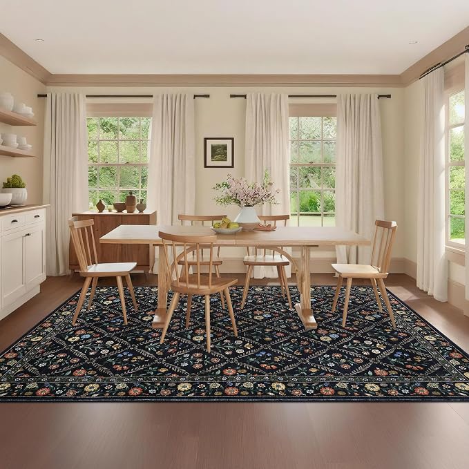 GarveeHome Large Area Rugs 10x13 Washable Rug for Spring Farmhouse Floral Carpet Navy&Black Soft Non Slip Low Pile Faux Wool Stain Resistant for Bedroom Kitchen Bathroom Laundry
