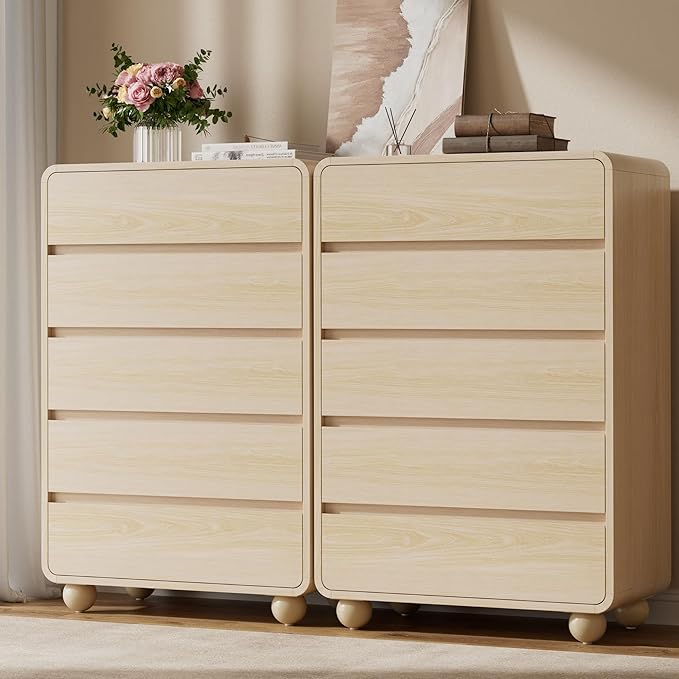 Lulive Wood Dresser for Bedroom, 41” Tall Chest of Drawers with 5 Drawers, Modern Closet Storage Drawer with Curved Profile Design for Living Room, Hallway, Entryway, Natural