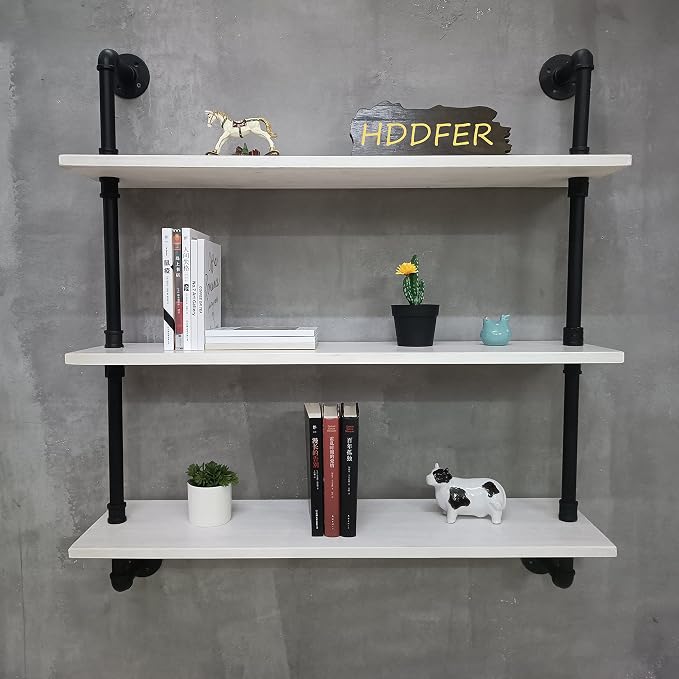 HDDFER Industrial Pipe Shelving Rustic White Pipe Wall Shelves Bathroom Shelves with Wood Planks Industrial Floating Shelves 30 Inch Farmhouse Bookshelf Pipe Shelves Wall Mounted