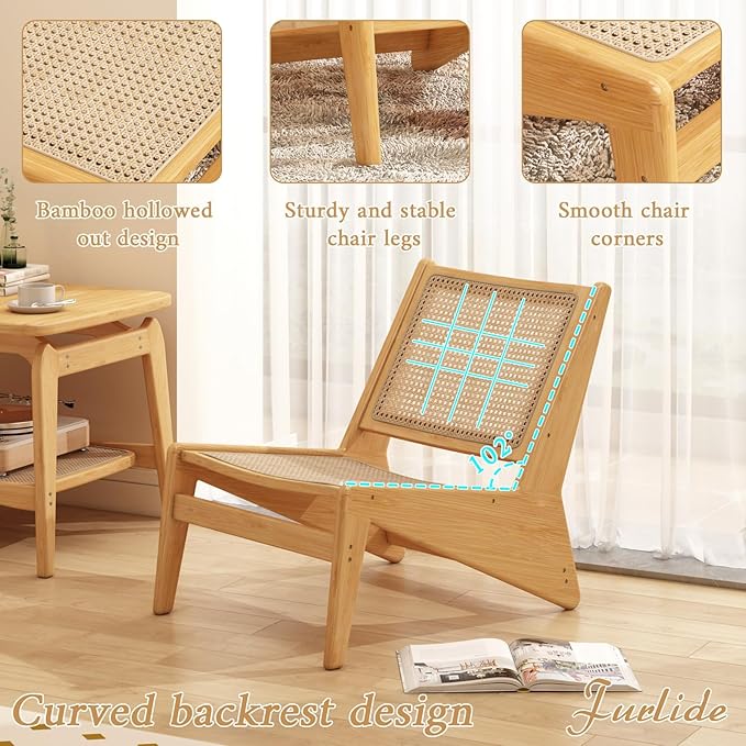 Furlide Rattan Chair 2Pcs, Mid Century Modern Accent Chair, Leisurely Reading Chair for Living Room（Wood）